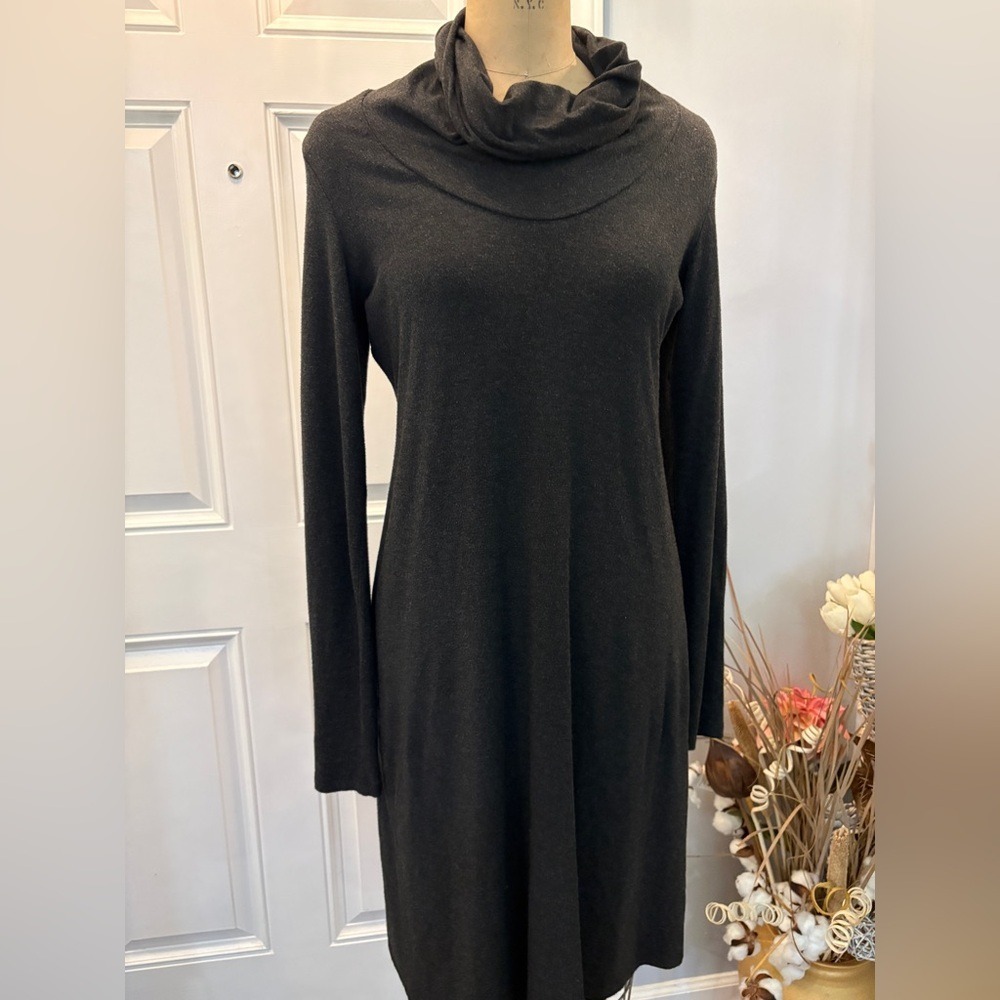 Eileen Fisher Charcoal Grey Cowl Neck Long Sleeve Viscose Jersey Midi Dress